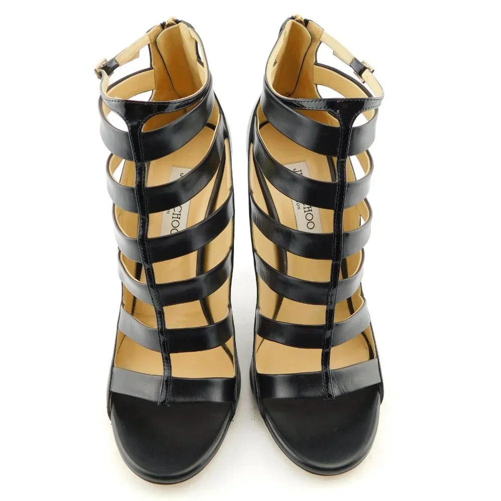 JIMMY CHOO Black Leather Caged Open Toe Bootie Heel Pumps 41